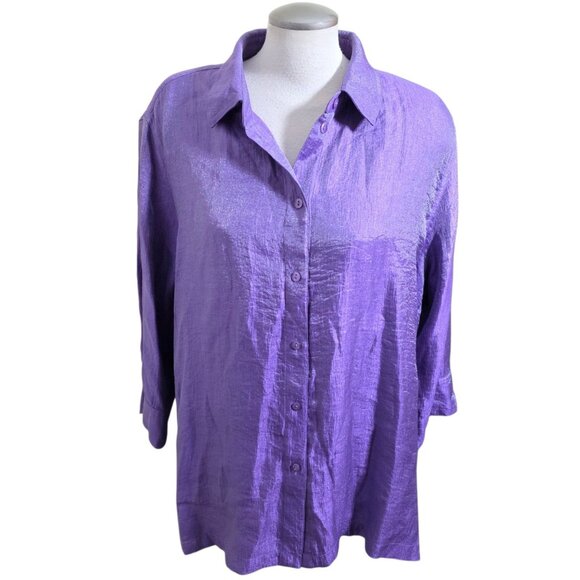 TanJay Womens XL Button Up Blouse Shirt Shimmer Shiny Lilac Purple Party Event - Picture 2 of 8